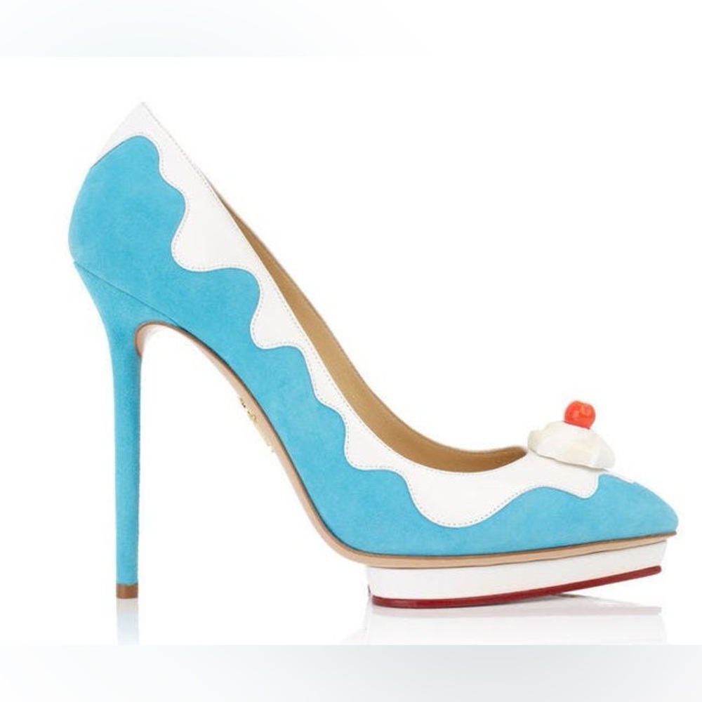 Charlotte Olympia Blue and White Cupcake Platform Pumps